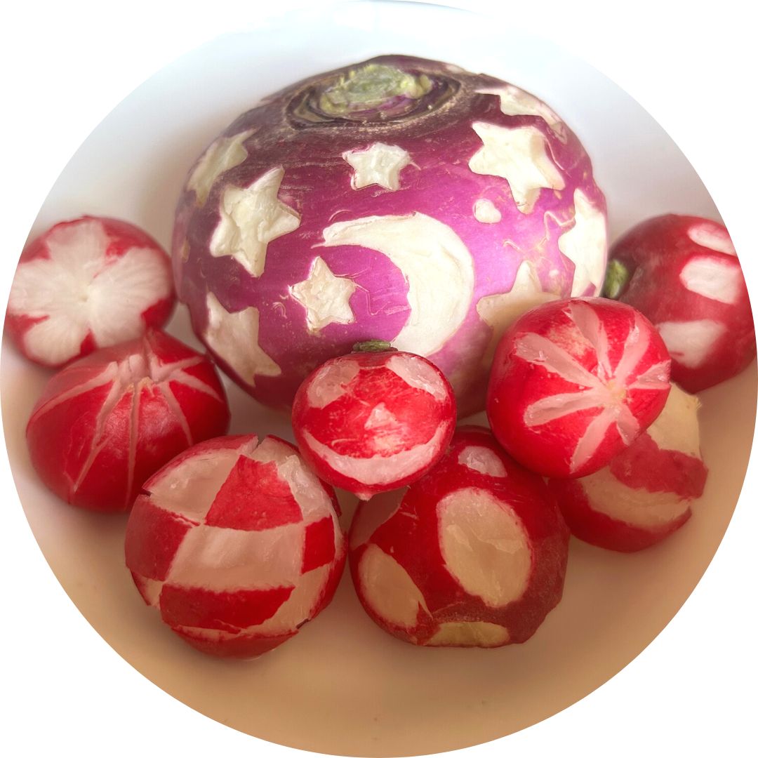 Carved radishes and a carved turnip