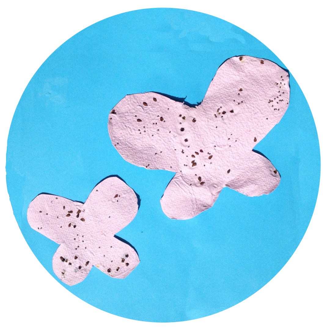 two butterflies cut out of homemade paper on a blue background