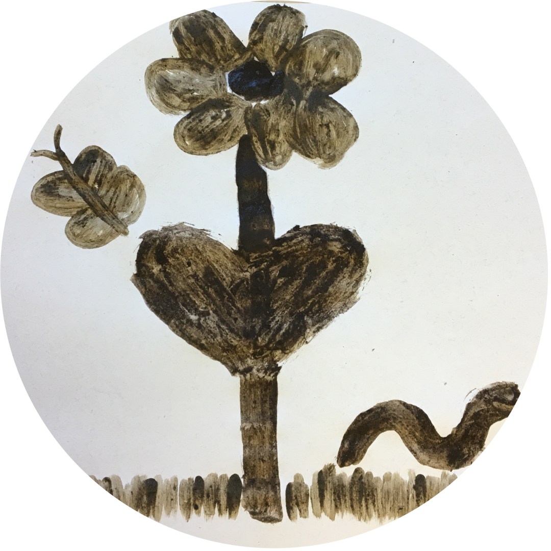 A very simple painting of a flower, butterfly, and worm, in brown soil-paint.