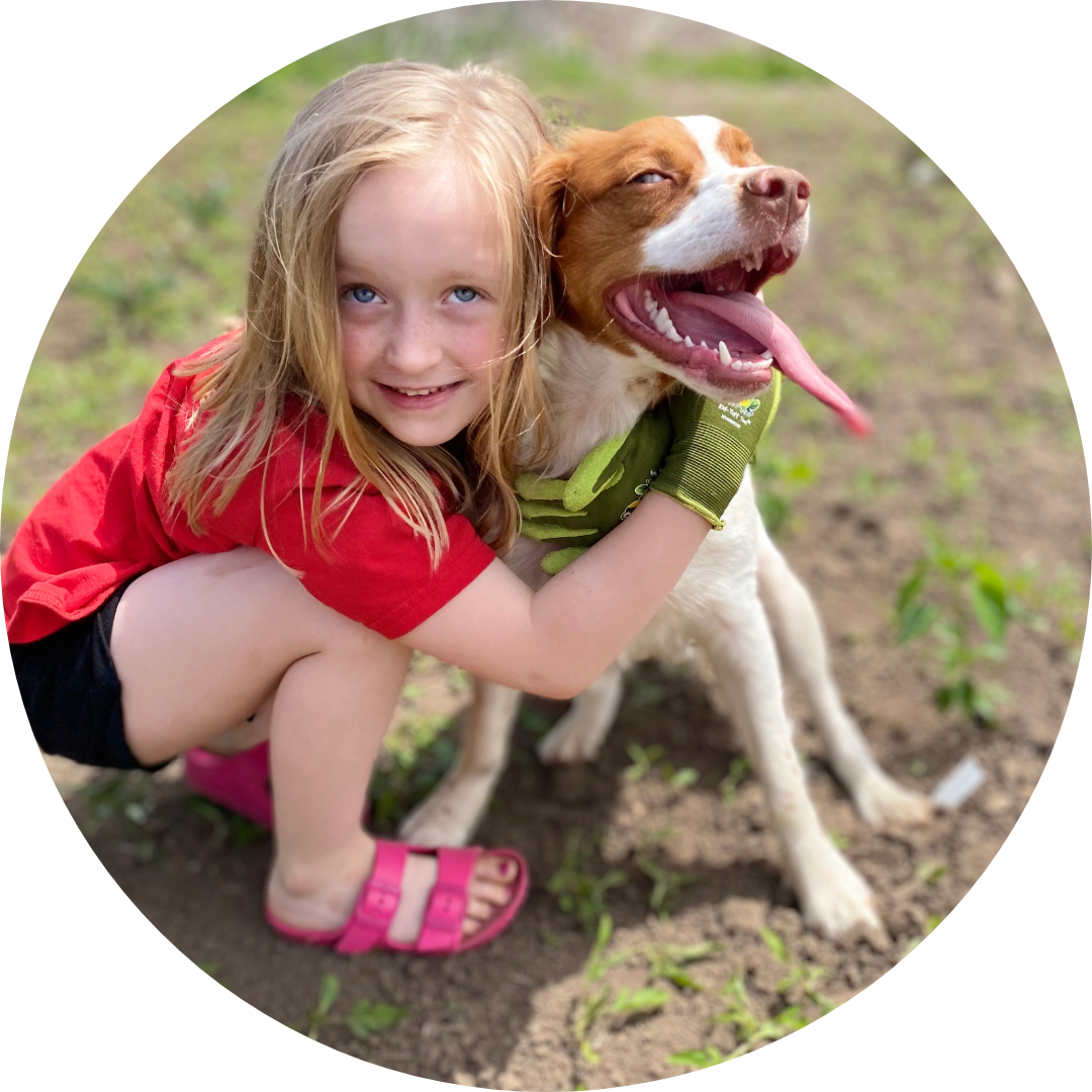 A child hugging a brown and white dog