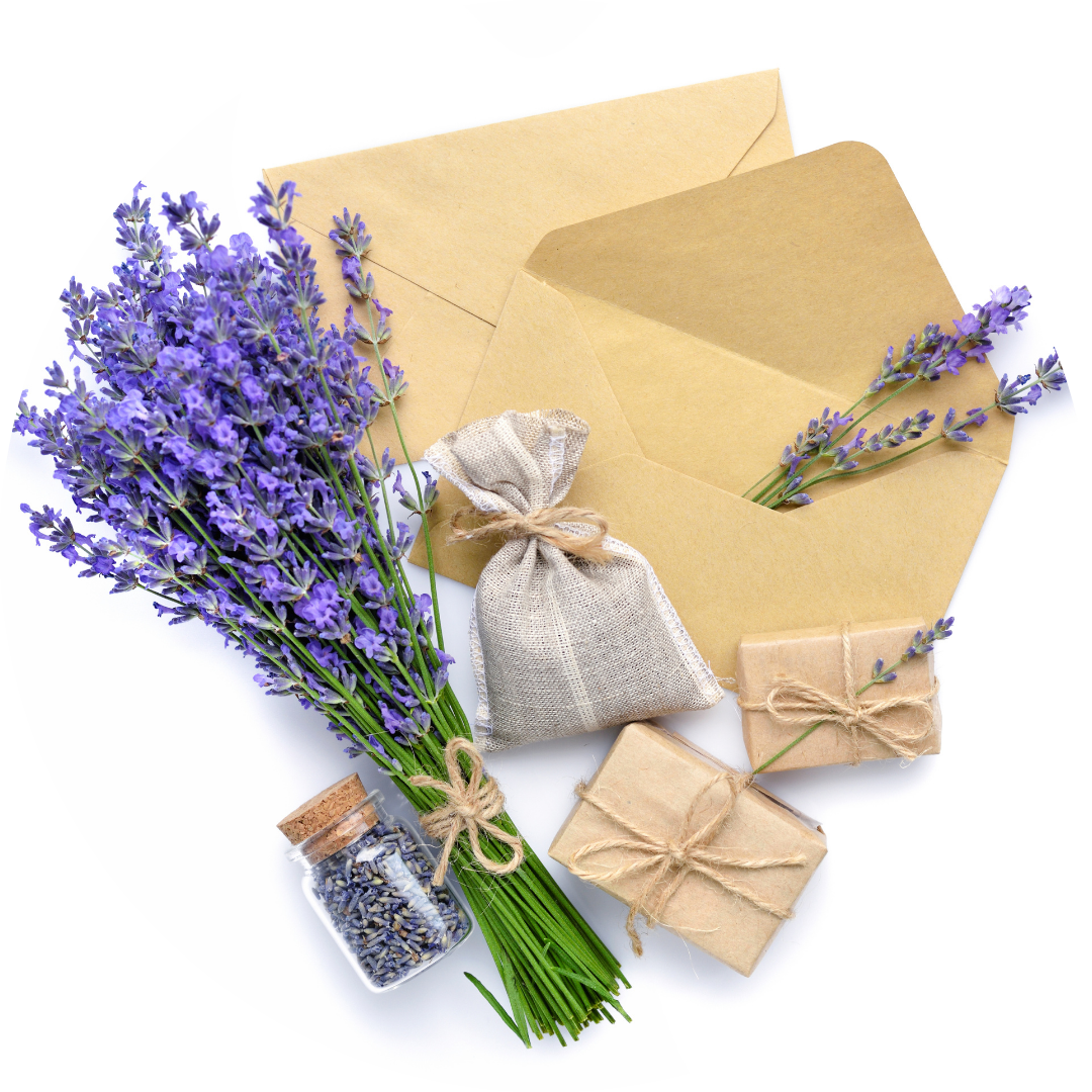 A bouquet of lavender, a cloth sachet, and a few brown envelopes.