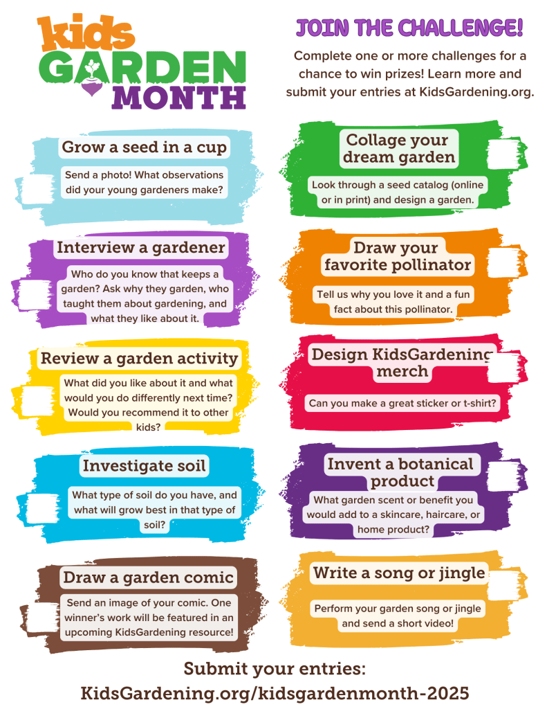 Kids Garden Month challenge printout, with 10 garden challenges listed on colorful backgrounds